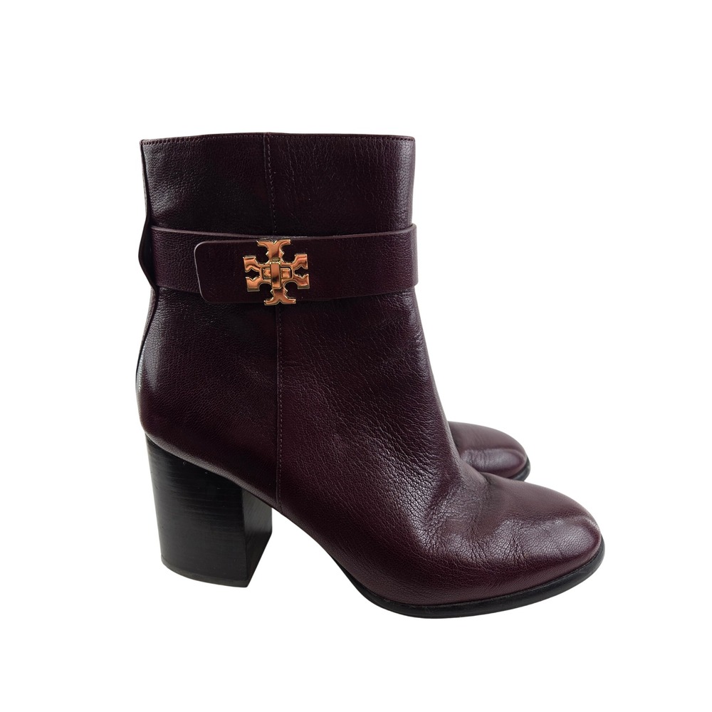 Tory Burch T-Lock Heeled Ankle Boot Dark Carmine Burgundy Leather 7.5 Gold‎ Tone